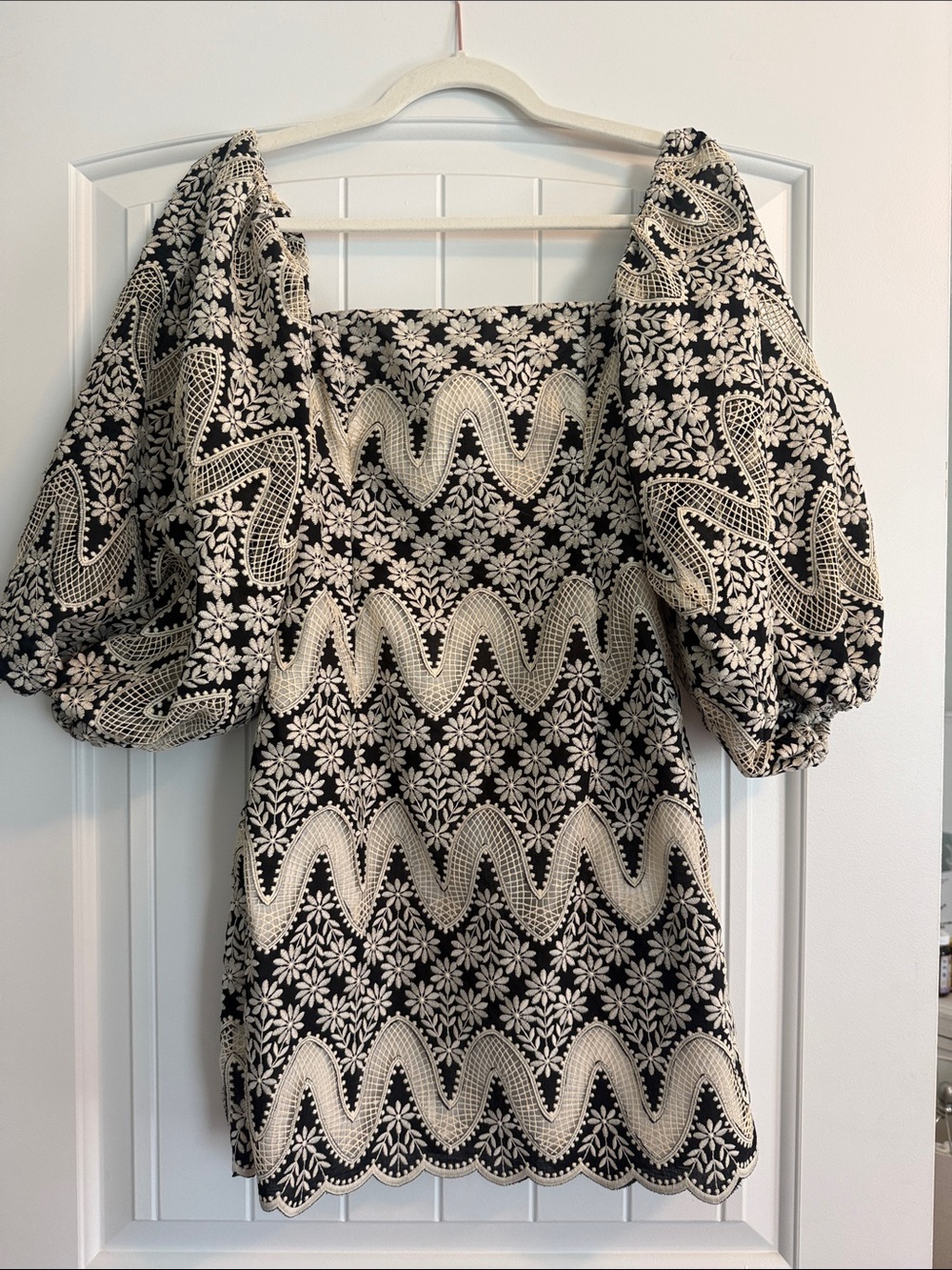 Cara Cara Black & Cream Puff Sleeve Embroidered Mini Dress